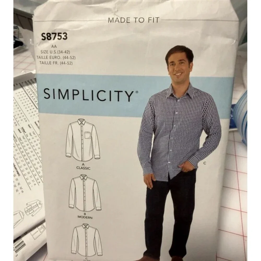 AA(34-42) S8753 Simplicity Ptrn Men's Classic, Modern and Slim-Fit Shirt, Uncut